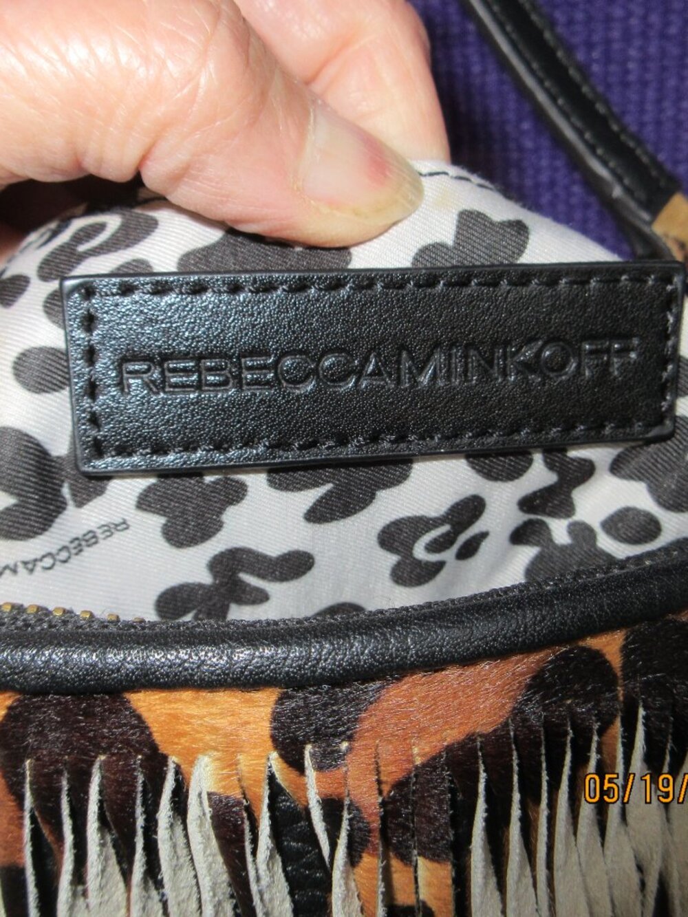 REBECCA MINKOFF~"FINN" LEOPARD PRINTED FRINGE OVER BLACK LEATHER CROSSBODY BAG - Picture 8 of 10